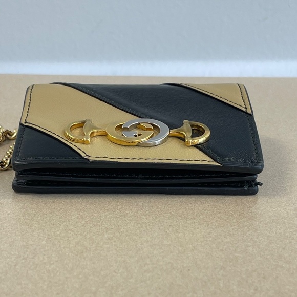 GUCCI Calfskin Diagonal Striped Zumi Chain Wallet - Black Beige - Preloved - Picture 3 of 15